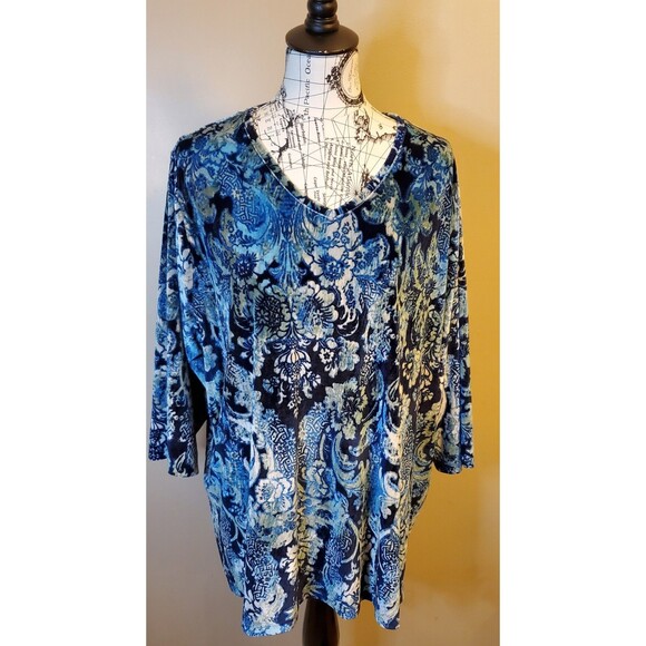 Catherines Tops - Catherines 2X Plus Velour Blouse Blue Floral Paisley 3/4 Sleeve Stretch Top